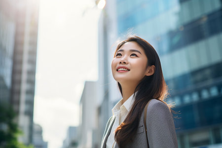 Happy young Asian business woman standing on street outside modern office building in the city. Portrait of professional businesswoman. Office worker looking up to the sky and smiling. Generative AI.の素材
