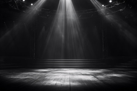 Artistic performances stage light background with spotlight illuminated the stage for contemporary dance. Empty stage with monochromatic colors and lighting design. Entertainment show. Generative AI.の素材