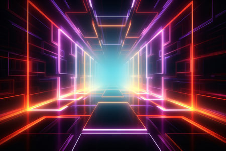 Abstract neon light geometric background. Glowing neon lines. Empty futuristic stage laser. Colorful rectangular laser lines. Square tunnel. Night club empty room. Laser show design. Generative AI.の素材