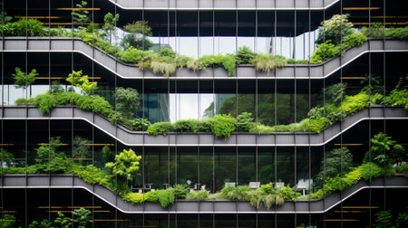 Eco-friendly building in the modern city. Sustainable glass office building with tree for reducing carbon dioxide. Office building with green environment. Corporate building reduce CO2. Generative AIの素材