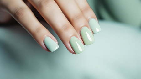 Glamour woman hand with mint green nail polish on her fingernails. Green nail manicure with gel polish at luxury beauty salon. Nail art and design. Female hand model. French manicure. Generative AI.の素材