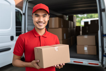 Delivery courier service. Delivery man in red cap and uniform holding a cardboard box near a van truck delivering to customer home. Smiling man postal delivery man delivering a package. Generative AI.の素材