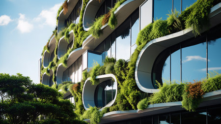 Eco-friendly building in the modern city. Sustainable glass office building with tree for reducing carbon dioxide. Office building with green environment. Corporate building reduce CO2. Generative AIの素材