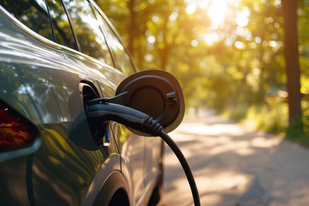Car charging at electric car charging station. Electric vehicle charger station for charge EV battery. EV car charging point. Clean energy. Sustainable transportation. Green technology. Generative AI.の素材