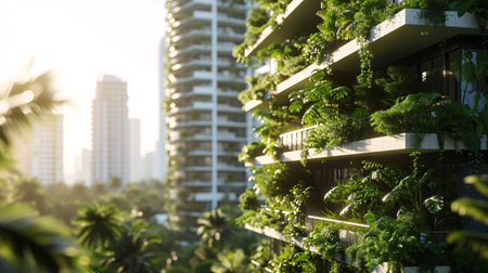 Sustainable green building. Eco-friendly building. Sustainable glass building with vertical garden reducing carbon dioxide. Green architecture. Green environment. Sustainable lifestyle. Generative AI.の素材
