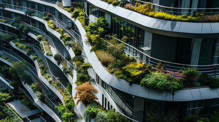 Sustainable green building. Eco-friendly building. Sustainable glass building with vertical garden reducing carbon dioxide. Green architecture. Green environment. Sustainable lifestyle. Generative AI.の素材