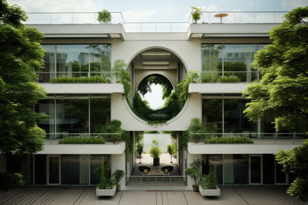 Sustainable green building. Eco-friendly building. Sustainable glass building with vertical garden reducing carbon dioxide. Green architecture. Green environment. Sustainable lifestyle. Generative AI.の素材