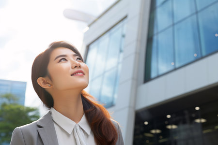 Happy young Asian business woman standing on street outside modern office building in the city. Portrait of professional businesswoman. Office worker looking up to the sky and smiling. Generative AI.の素材