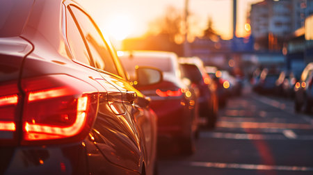 Car parked at outdoor parking lot. Used car for sale and rental service. Car insurance background. Automobile parking area. Car dealership and dealer agent concept. Automotive industry. Generative AI.の素材