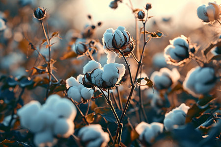 Cotton farm during harvest season. Field of cotton plants with white bolls. Sustainable and eco-friendly practice on a cotton farm. Organic farming. Raw material for textile industry. Generative AI.の素材