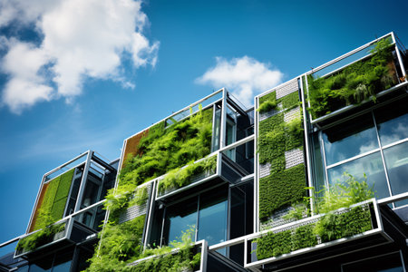 Eco-friendly building in the modern city. Sustainable glass office building with tree for reducing carbon dioxide. Office building with green environment. Corporate building reduce CO2. Generative AIの素材
