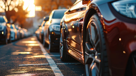 Car parked at outdoor parking lot. Used car for sale and rental service. Car insurance background. Automobile parking area. Car dealership and dealer agent concept. Automotive industry. Generative AI.の素材