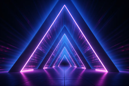 Neon light abstract background. Triangle tunnel or corridor pink blue neon glowing lights. Laser lines and LED technology create glow in dark room. Cyber club neon light stage room. Generative AI.の素材
