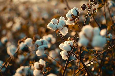 Cotton farm during harvest season. Field of cotton plants with white bolls. Sustainable and eco-friendly practice on a cotton farm. Organic farming. Raw material for textile industry. Generative AI.の素材