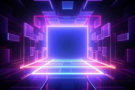 Abstract neon light geometric background. Glowing neon lines. Empty futuristic stage laser. Pink blue rectangular laser lines. Square tunnel. Night club empty room. Laser show design. Generative AI.の素材