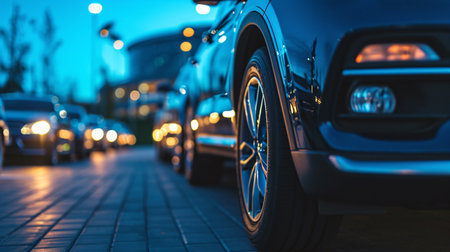 Car parked at outdoor parking lot. Used car for sale and rental service. Car insurance background. Automobile parking area. Car dealership and dealer agent concept. Automotive industry. Generative AI.の素材