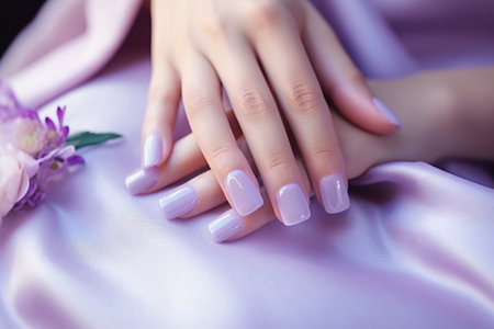 Woman hand with lavender color nail polish on her fingernails. Purple nail manicure with gel polish at luxury beauty salon. Nail art and design. Female hand model. French manicure. Generative AI.の素材