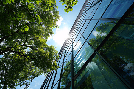 Eco-friendly building in the modern city. Sustainable glass office building with tree for reducing carbon dioxide. Office building with green environment. Corporate building reduce CO2. Generative AI.の素材
