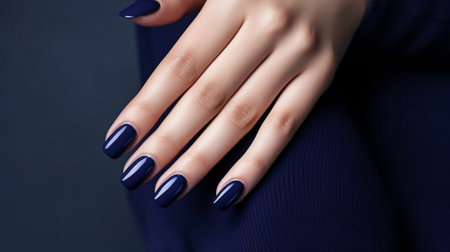 Glamour woman hand with navy blue nail polish on her fingernails. Navy nail manicure with gel polish at luxury beauty salon. Nail art and design. Female hand model. French manicure. Generative AI.の素材