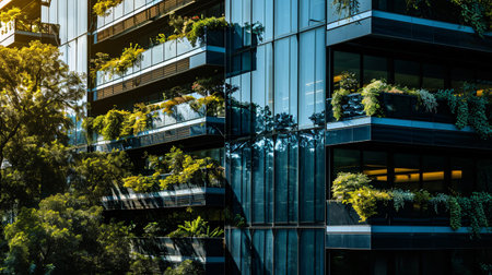Sustainable green building. Eco-friendly building. Sustainable glass office building with tree for reducing carbon dioxide. Office with green environment. Corporate building reduce CO2. Generative AI.の素材