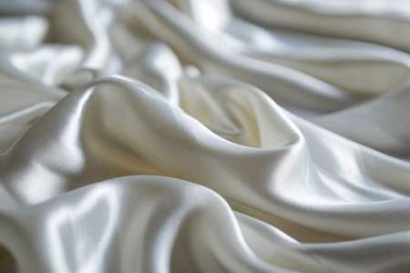 White smooth satin or silk texture background. White fabric abstract texture. Luxury satin cloth. Silky and wavy folds of silk texture. Rippled satin cloth. Premium silk fabric texture. Generative AI.の素材