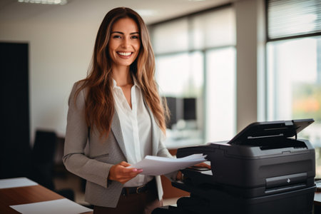 Office worker prints paper on multifunction laser printer. Document and paperwork concept. Secretary work. Smiling woman working in business office. Copy, print, scan, and fax machine. Generative AI.の素材