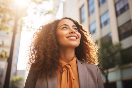 Happy young Hispanic business woman standing outside modern office building. Portrait of professional businesswoman. Office worker looking up to the sky and smiling. Entrepreneur. Generative AI.の素材