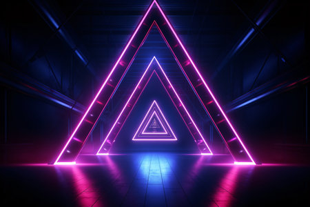 Neon light abstract background. Triangle tunnel or corridor pink blue neon glowing lights. Laser lines and LED technology create glow in dark room. Cyber club neon light stage room. Generative AI.の素材