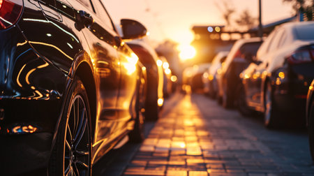 Car parked at outdoor parking lot. Used car for sale and rental service. Car insurance background. Automobile parking area. Car dealership and dealer agent concept. Automotive industry. Generative AI.の素材