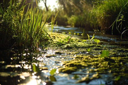 Wetlands and natural carbon sink concept. Freshwater wetland. Blue carbon ecosystem. Natural carbon capture. Sustainable Ecosystems. Green plants in lakes capture CO2 from atmosphere. Generative AI.の素材