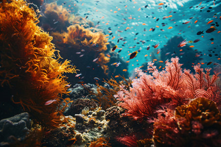 Algae and marine life in coral reef ecosystem. Natural carbon sink. Carbon capture. Underwater environment. Carbon sequestration. Vibrant color of algae and coral. Blue carbon ecosystem. Generative AIの素材