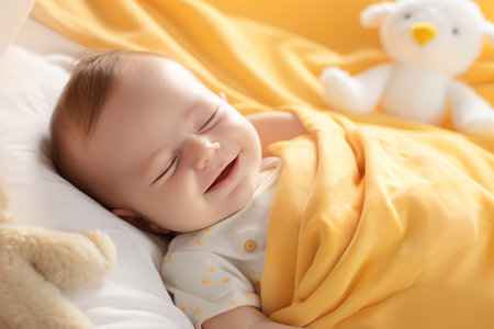 Closeup cute toddler baby sleeping on a cozy bed. Happy toddler child peaceful sleep on a comfortable bed at home. Sweet dreams. Adorable toddler naptime. Family love and tranquility. Generative AI.の素材