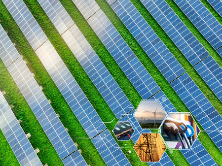 Sustainable energy concept. Solar power, wind energy, lithium-ion battery, alternative electricity source, and ev charging station. Renewable energy. Sustainable development. Green tech. Green energy.の写真素材
