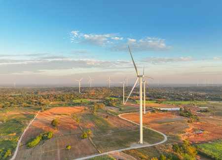 Landscape of wind farm. Wind energy. Wind power. Sustainable, renewable energy. Wind turbines generate electricity. Sustainable development. Green technology for energy sustainability. Green energy.の写真素材