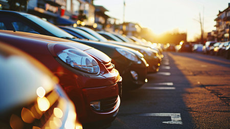 Car parked at outdoor parking lot. Used car for sale and rental service. Car insurance background. Automobile parking area. Car dealership and dealer agent concept. Automotive industry. Generative AI.の素材