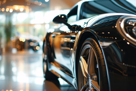 Black car parked in luxury showroom. Closeup new car parked in modern showroom. Automobile leasing and insurance background. Automotive industry. Auto leasing business. Electric vehicle. Generative AIの素材