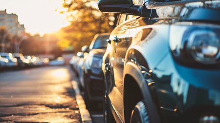 Car parked at outdoor parking lot. Used car for sale and rental service. Car insurance background. Automobile parking area. Car dealership and dealer agent concept. Automotive industry. Generative AI.の素材