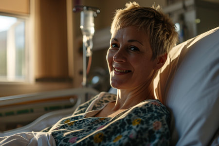 Happy cancer patient sitting on hospital bed. Senior woman after chemotherapy treatment at hospital room. Breast cancer survivor. Life after chemotherapy in hospital recovery beds. Generative AI.の素材