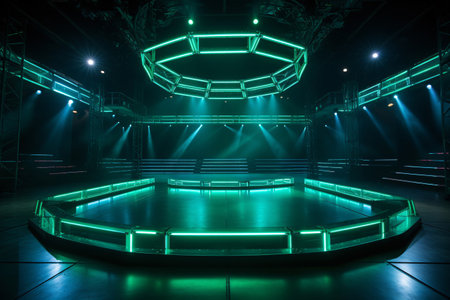 Modern dance stage light background with spotlight illuminated the stage. Stage lighting performance show. Empty stage with cool blue and green color stage lighting. Entertainment show. Generative AI.の素材
