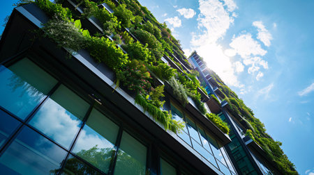 Eco-friendly building in the modern city. Sustainable glass office building with tree for reducing carbon dioxide. Office building with green environment. Corporate building reduce CO2. Generative AIの素材