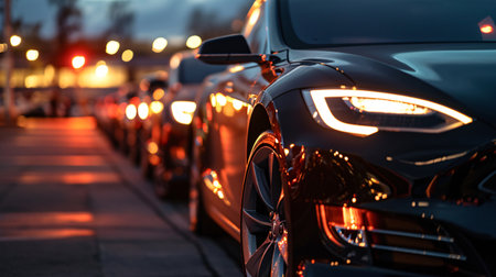 Car parked at outdoor parking lot. Used car for sale and rental service. Car insurance background. Automobile parking area. Car dealership and dealer agent concept. Automotive industry. Generative AI.の素材