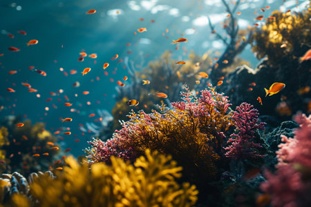 Algae and marine life in coral reef ecosystem. Natural carbon sink. Carbon capture. Underwater environment. Carbon sequestration. Vibrant color of algae and coral. Blue carbon ecosystem. Generative AIの素材