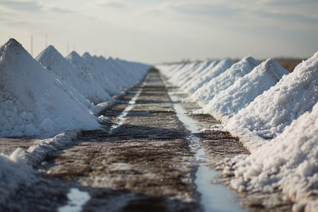 Sea salt farm. Pile of white salt. Raw material of salt industrial. Sodium Chloride mineral. Evaporation and crystallization of sea water. White salt harvesting. Agriculture industry. Generative AIの素材