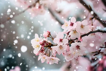 Pink sakura flowers blooming on tree branch in cherry blossom season. Delicate pink sakura blossoms in spring. Pink sakura flowers in full bloom in spring. Nature floral background. Generative AI.の素材