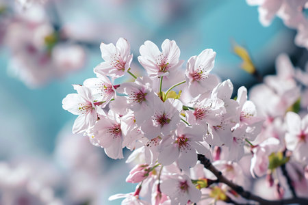 Pink sakura flowers blooming on tree branch in cherry blossom season. Delicate pink sakura blossoms in spring. Pink sakura flowers in full bloom in spring. Nature floral background. Generative AI.の素材