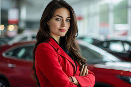 Professional luxury car saleswoman in luxury showroom. Auto dealership office. Car dealer business. Smiling woman in showroom. Expensive car. Automotive industry. Luxury car agent. Generative AI.の素材