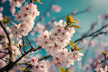 Pink sakura flowers blooming on tree branch in cherry blossom season. Delicate pink sakura blossoms in spring. Pink sakura flowers in full bloom in spring. Nature floral background. Generative AI.の素材