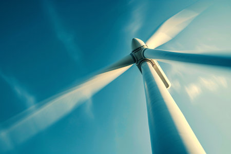 Wind energy. Wind power. Sustainable, renewable energy. Wind turbines generate electricity. Sustainable resources. Sustainable development. Green technology for energy sustainability. Generative AI.の素材