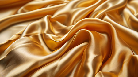 Golden smooth satin or silk texture background. Golden fabric abstract texture. Luxury satin cloth. Silky and wavy folds of silk texture. Rippled satin cloth. Elegance smooth silk. Generative AI.の素材