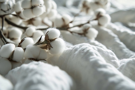 White cotton flowers on white cotton fabric background for sustainable fashion or organic products. Eco-friendly textile. Environmentally conscious choice. Natural cotton fabric textile. Generative AIの素材
